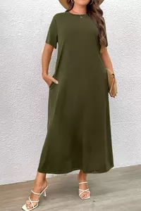 Haki zaļa kleita ar kabatām sānos - lielie izmēri sievietēm