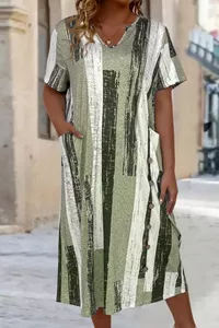 Haki zaļa un balta vasaras kleita - lielie izmēri sievietēm